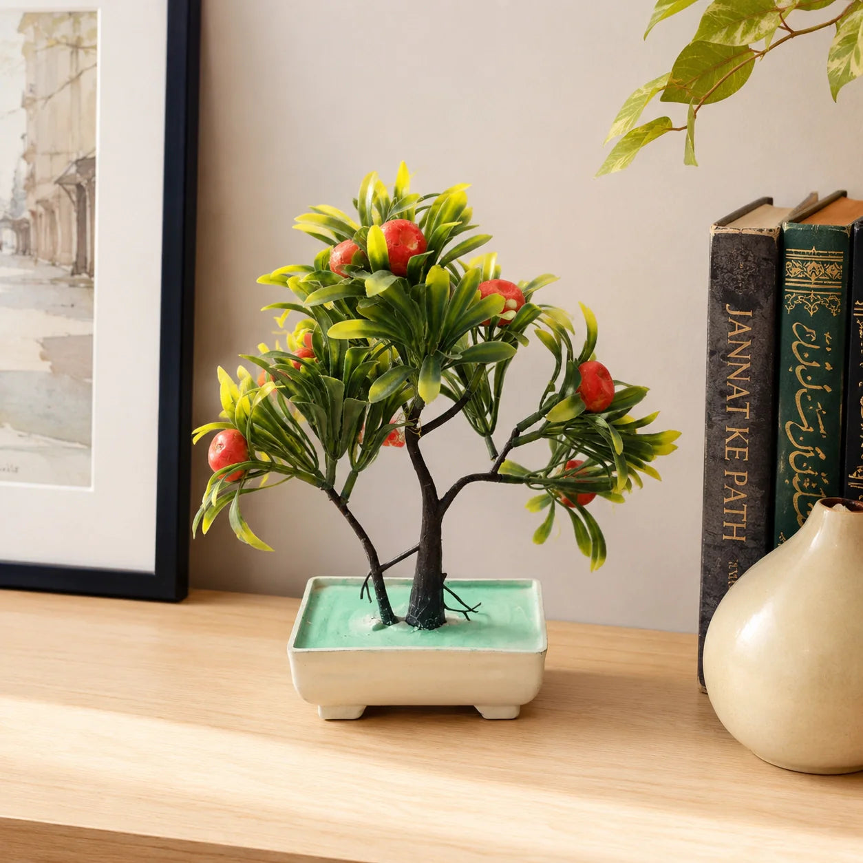 Artificial fruit bonsai tree styled in a modern home interior