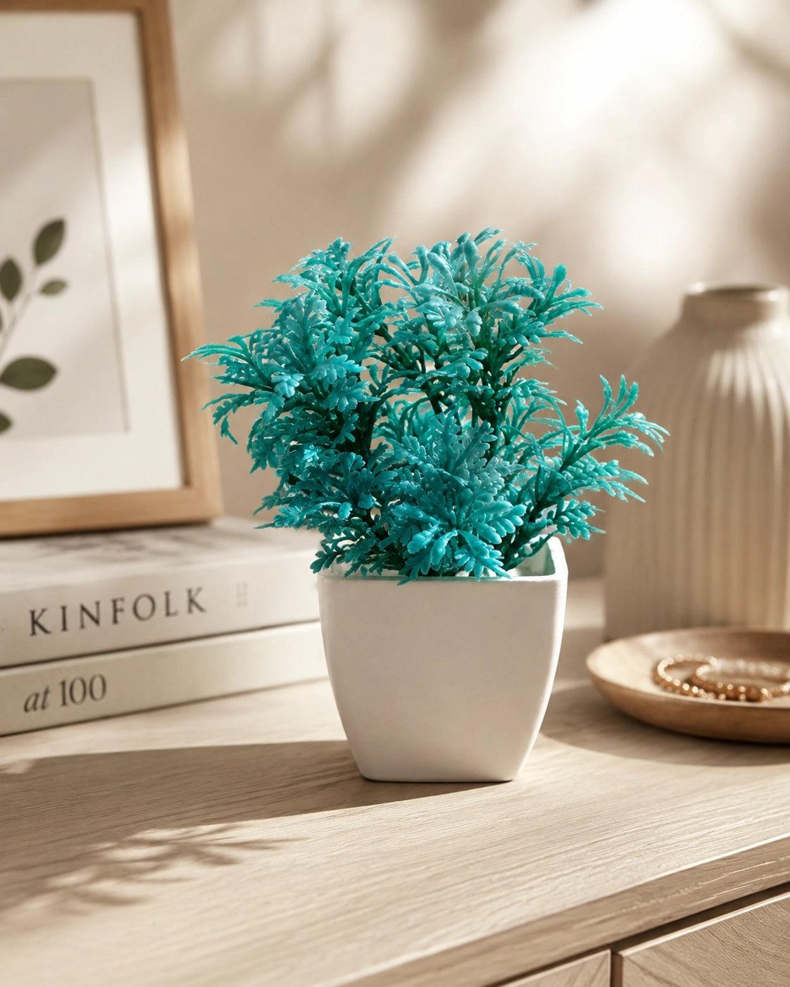 Artificial Blue Fern Plant in White Square Pot – Pack lifestyle
