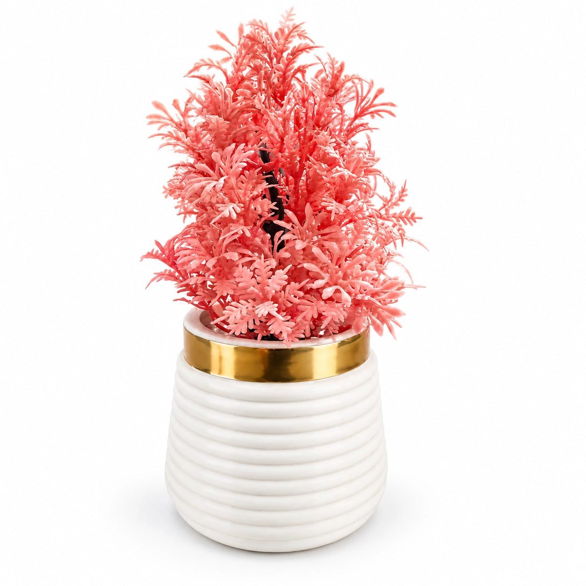 Artificial Coral Fern Plant in White Ribbed Pot – Pack of 2