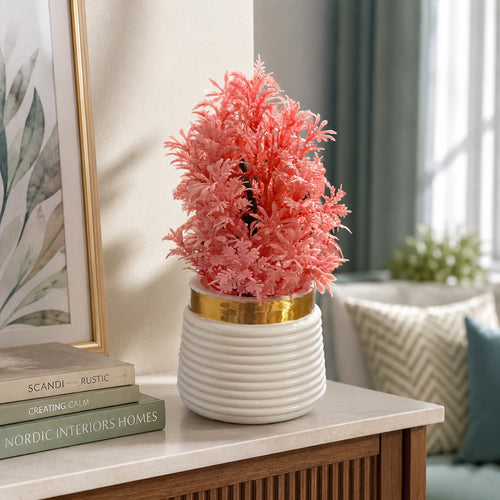 Artificial Coral Fern Plant in White Ribbed Pot – Pack of 2 lifestyle