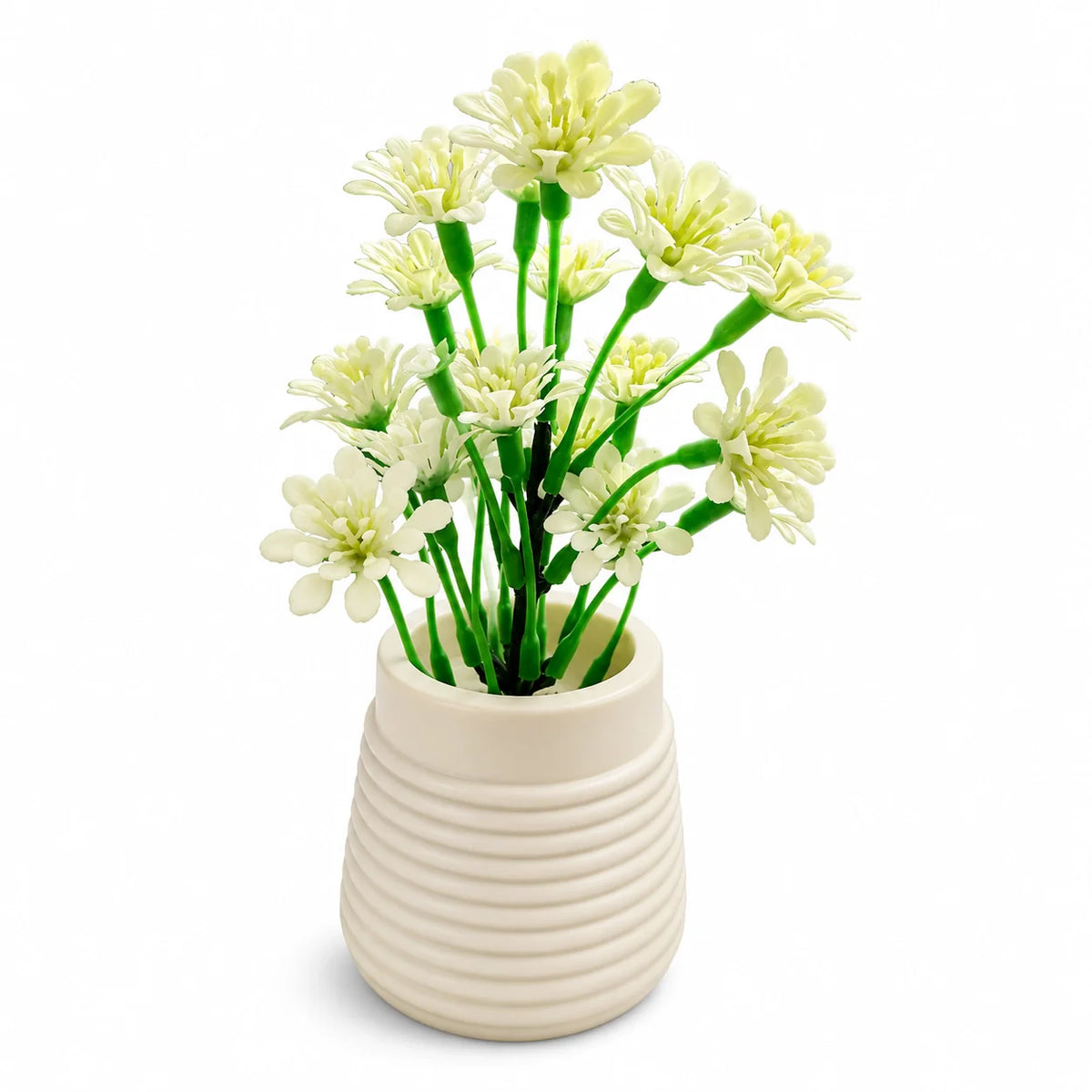 Artificial Cream Flower Plant in White Ribbed Pot – Pack of 2