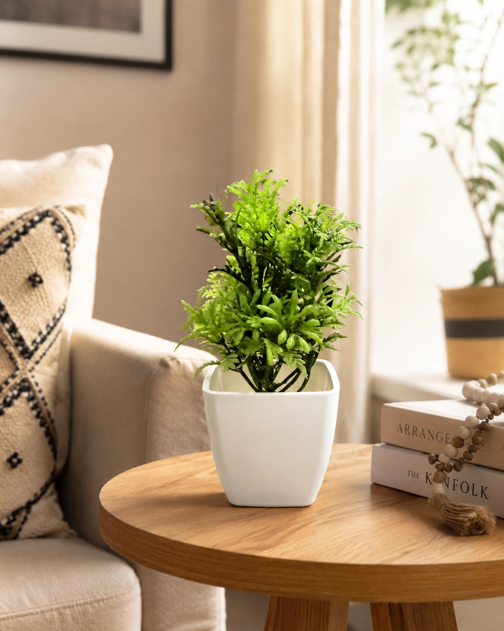 Artificial Dark Green Fern Plant in White Square Pot – Pack lifestyle