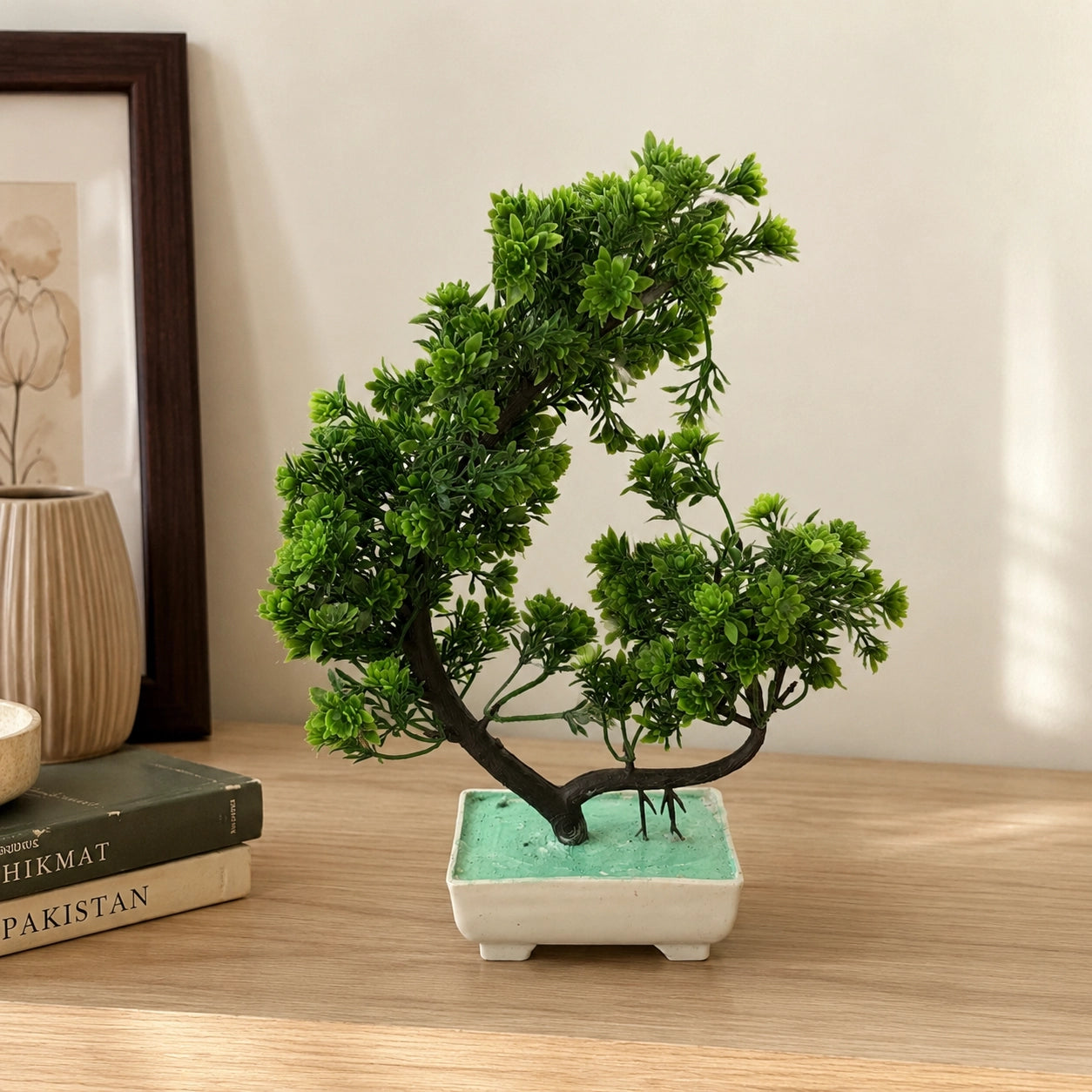 Artificial Green Bonsai Tree in Cream Rectangle Pot – Pack of 2
