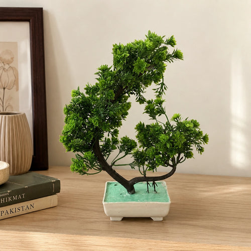 Artificial Green Bonsai Tree in Cream Rectangle Pot – Pack of 2