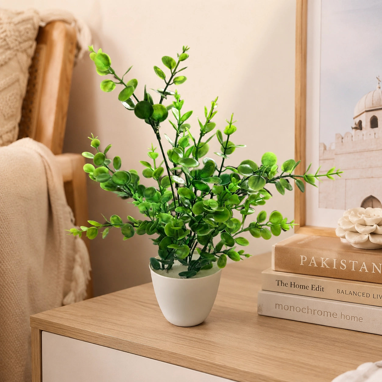 Artificial Green Coin Leaf Plant in Cream Pot – Pack of 2