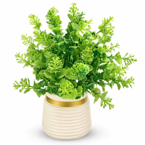 Artificial Green Fern Bush in White Ribbed Pot – Pack of 2