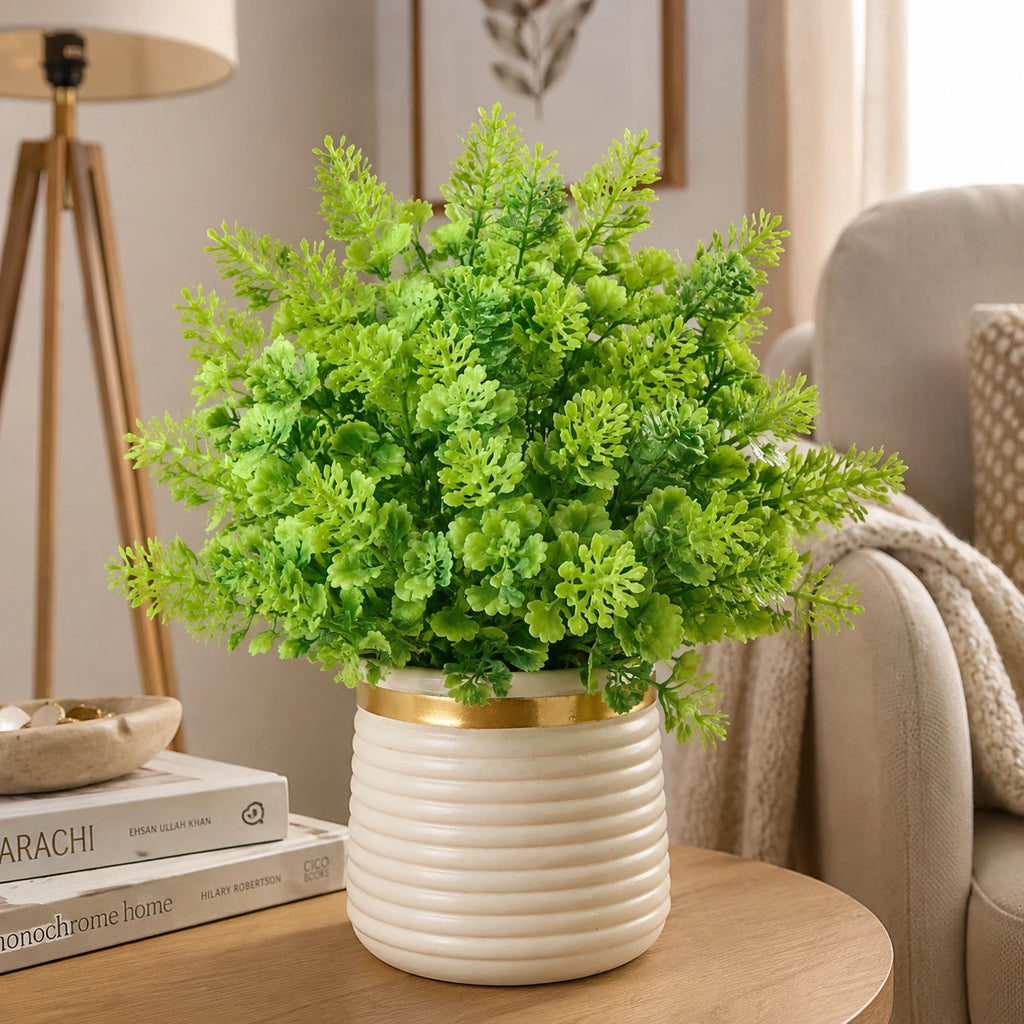Artificial Green Fern Bush in White Ribbed Pot – Pack of 2