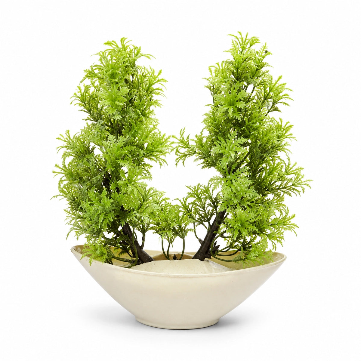 Artificial Green Fern Plant in Cream Bowl Pot – Pack of 2