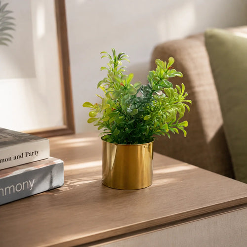 Artificial Green Leaf Plant in Brushed Gold Pot – Pack of 2 lifestyle