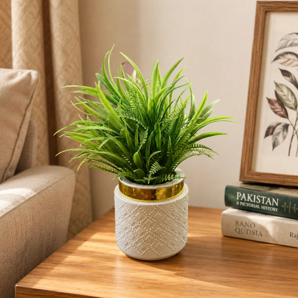 Artificial Green Grass Plant in White Pot – Pack of 2