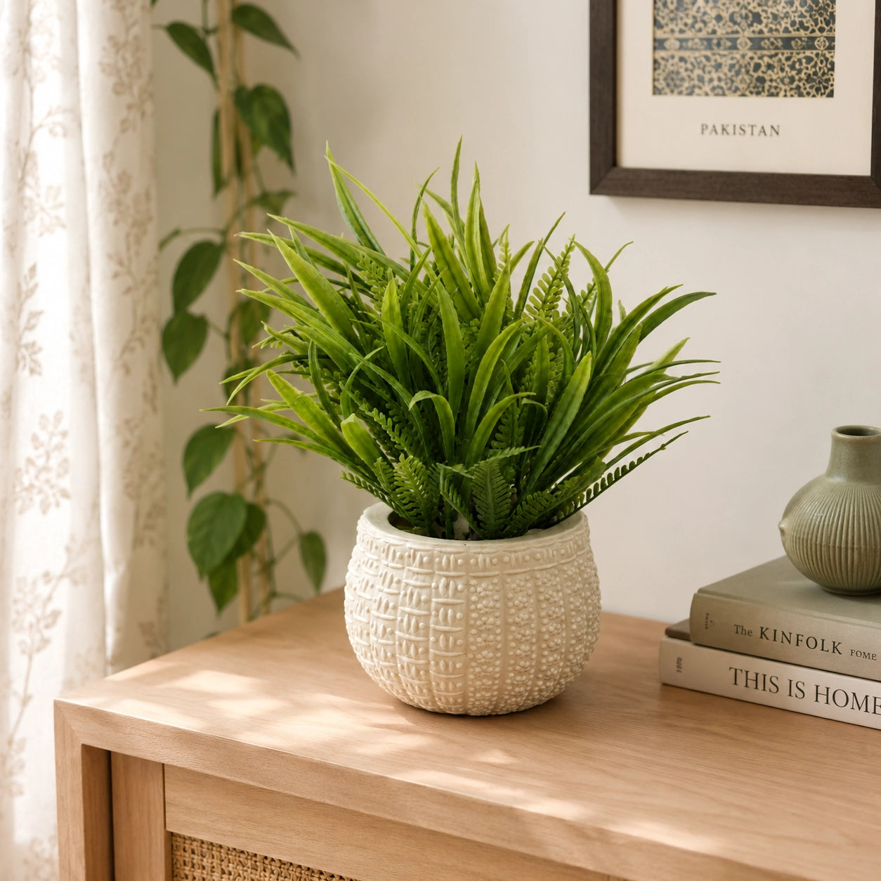 Artificial Green Grass Plant in White Round Pot – Pack of 2 lifestyle