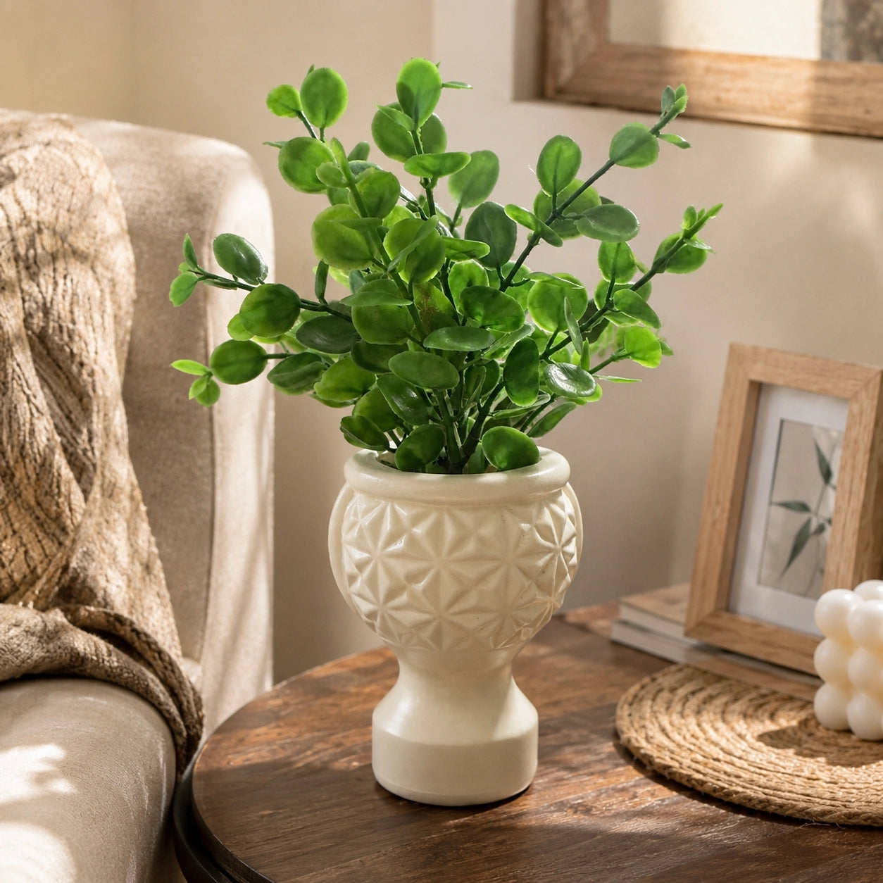 Artificial Green Leaf Plant in Cream Pot – Pack of 2