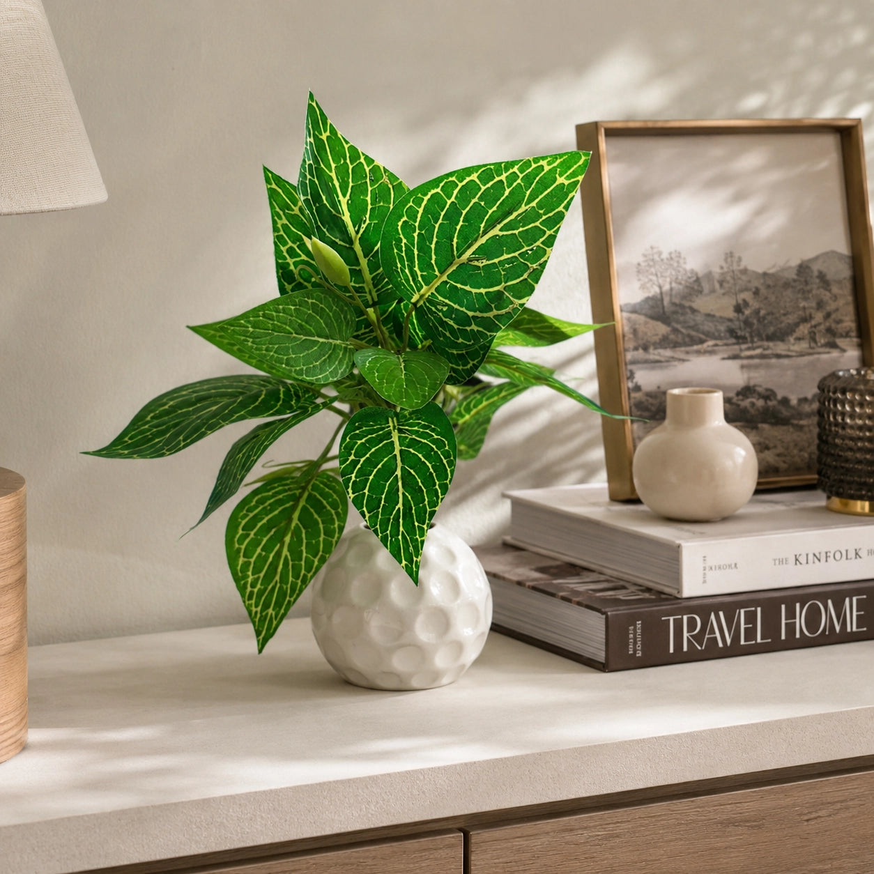Artificial Green Leaf Plant in White Beaded Pot – Pack of 2 lifestyle