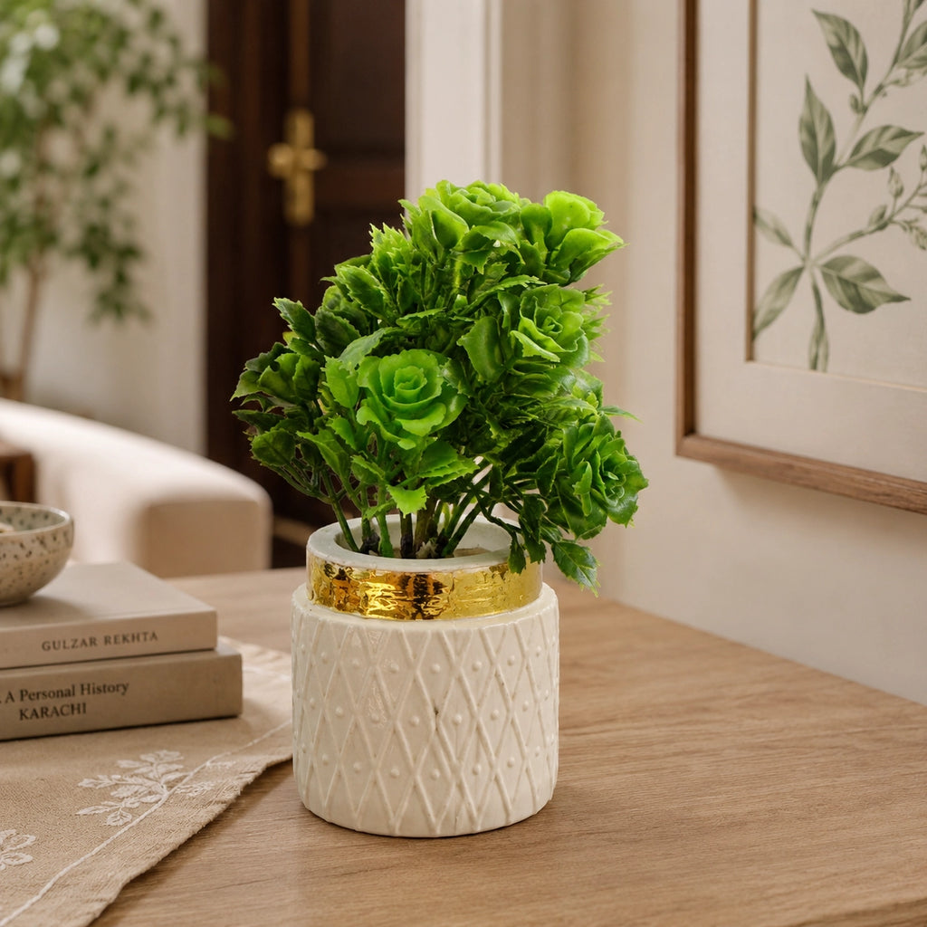 Artificial Green Rose Plant in White Gold Pot – Pack of 2