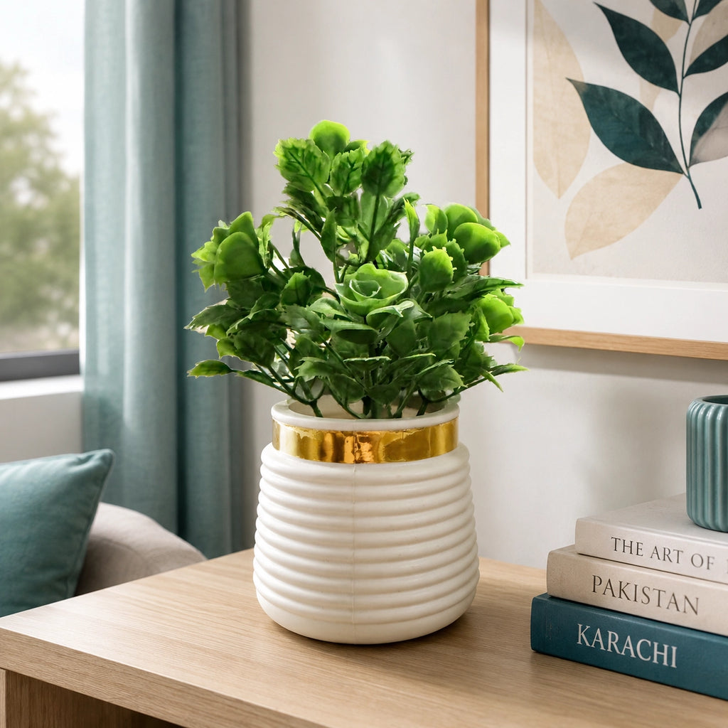 Artificial Green Rose Plant in White Ribbed Pot – Pack of 2 lifestyle