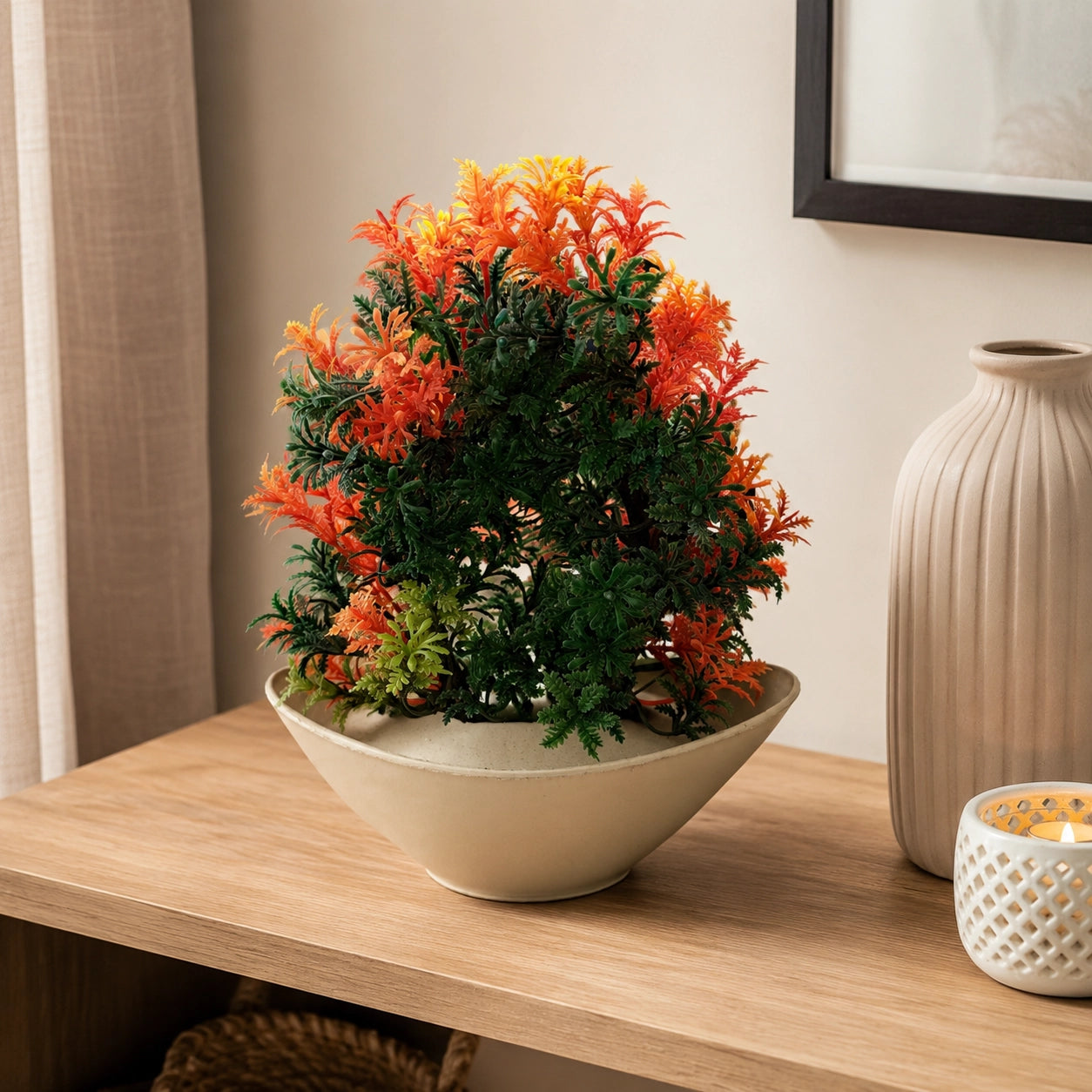 Artificial Orange Fern Plant in Cream Bowl Pot – Pack of 2 lifestyle