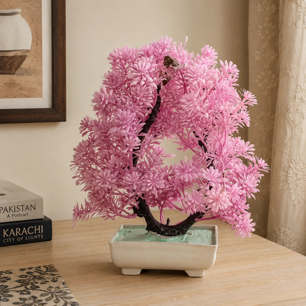 Artificial Pink Blossom Bonsai Plant in Cream Rectangle Pot – Pack of 2 lifestyle
