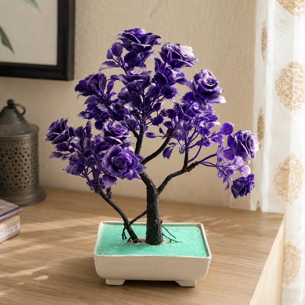 Artificial Purple Flower Bonsai Plant in Cream Rectangle Pot – Pack of 2 lifestyle