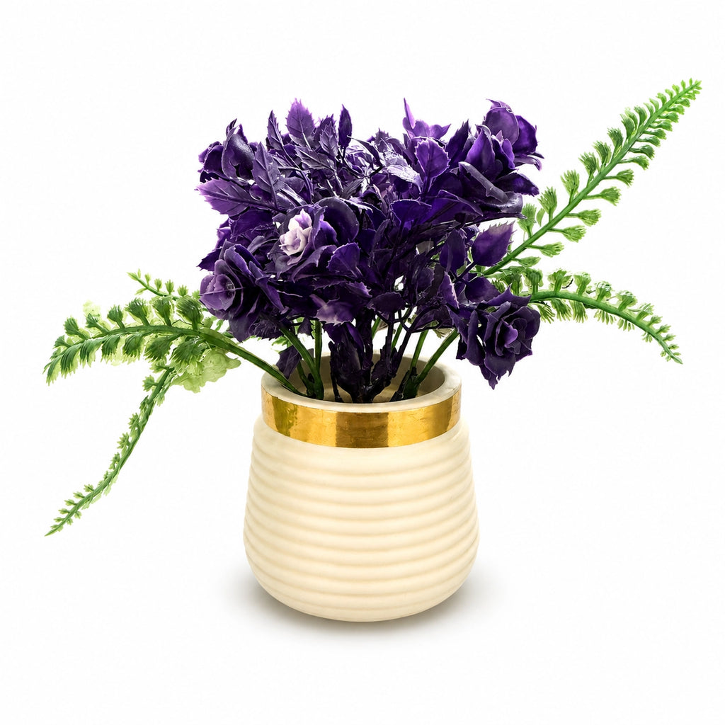 Artificial Purple Flower Plant in Gold Rim Ribbed Pot – Pack of 2