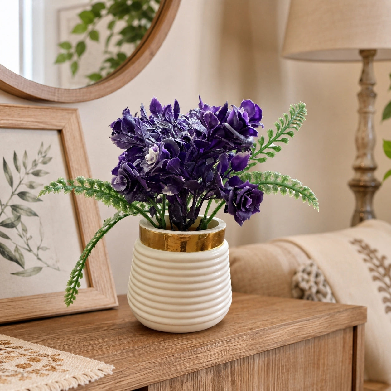 Artificial Purple Flower Plant in Gold Rim Ribbed Pot – Pack of 2 lifestyle