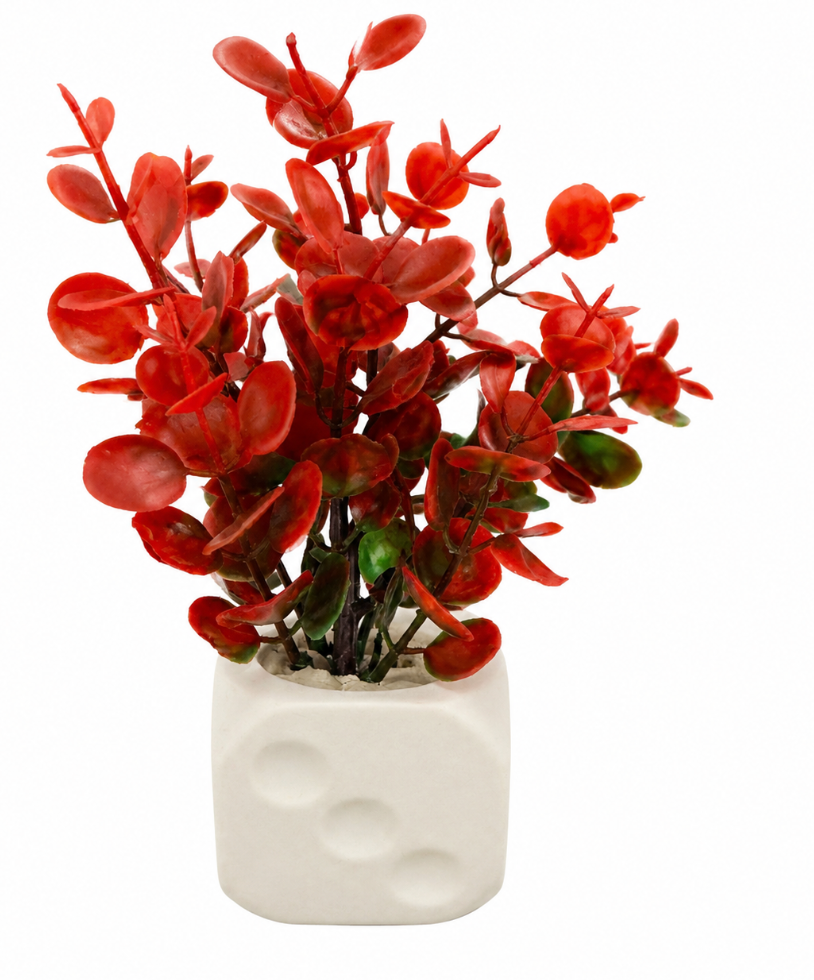 Artificial Red Coin Leaf Plant in White Dice Pot – Pack of 2