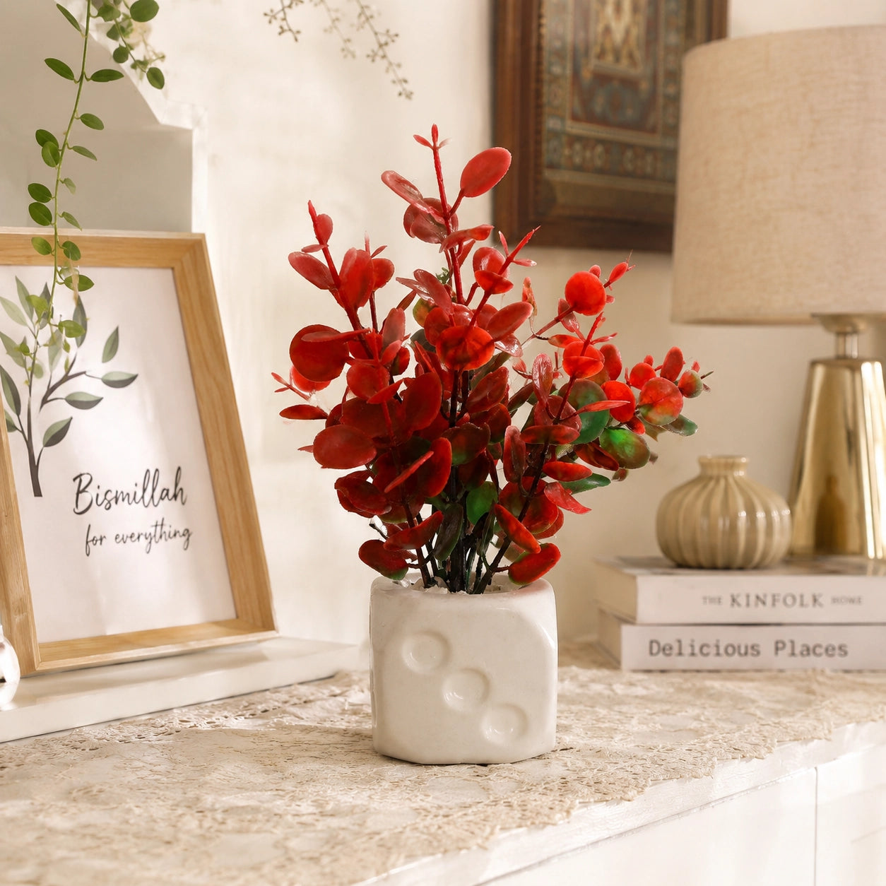 Artificial Red Leaf Plant in White Cube Pot – Pack of 2 lifestyle