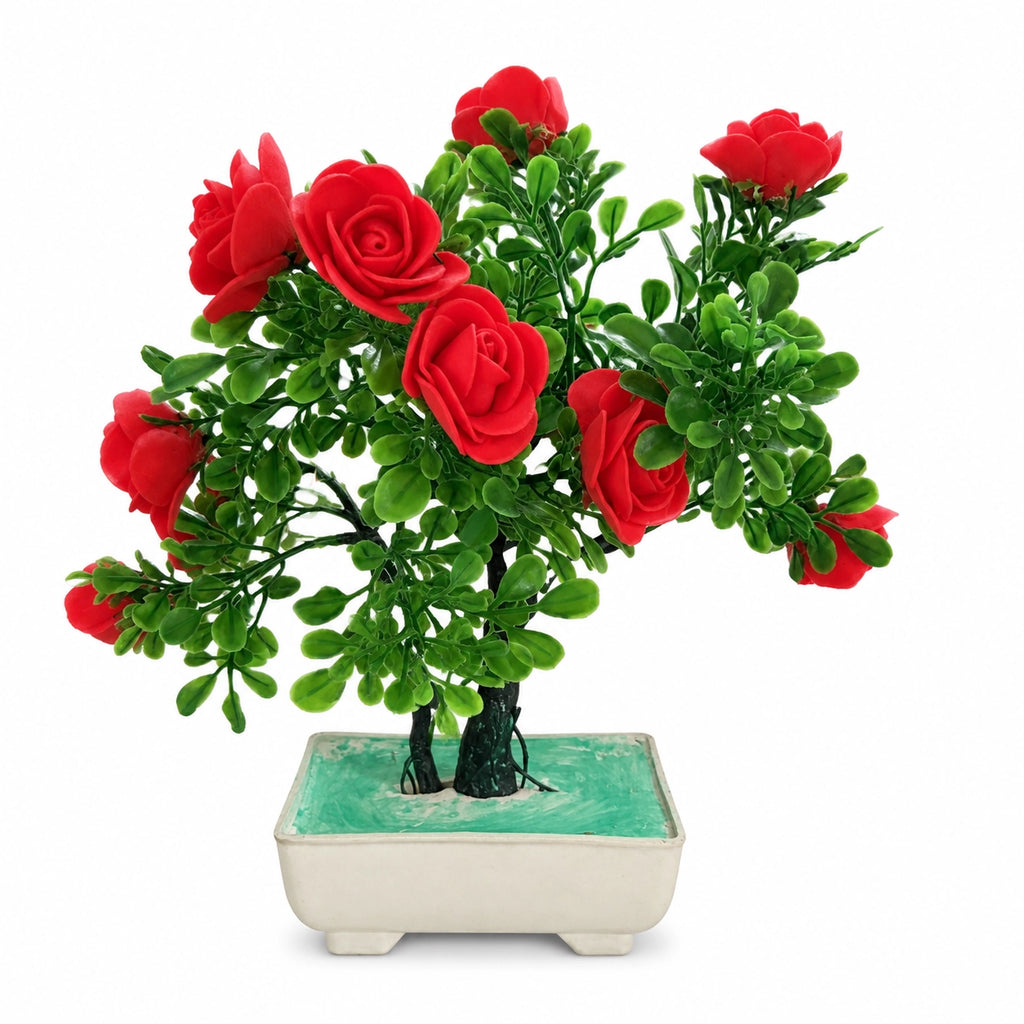 Artificial Red Rose Bonsai Plant in Cream Rectangle Pot – Pack of 2