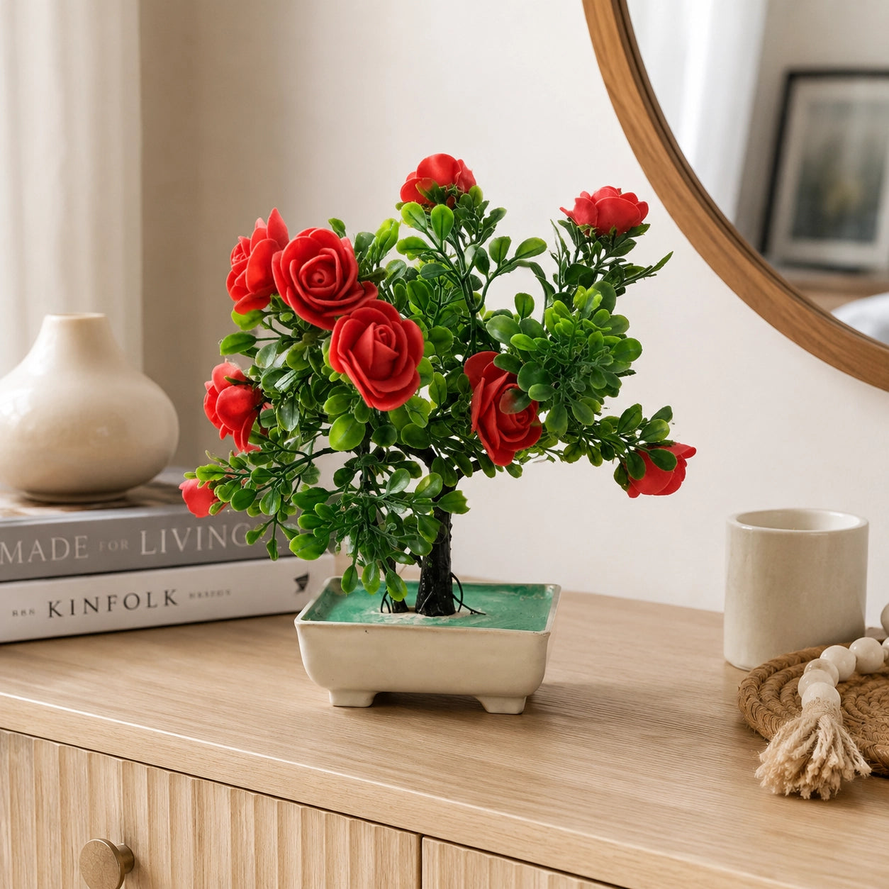 Artificial Red Rose Bonsai Plant in Cream Rectangle Pot – Pack of 2 lifestyle
