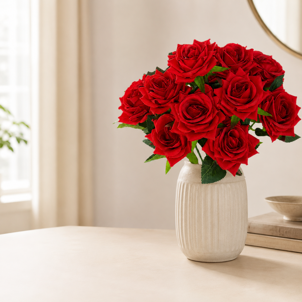 Artificial red rose flower bunch styled in a neutral home interior