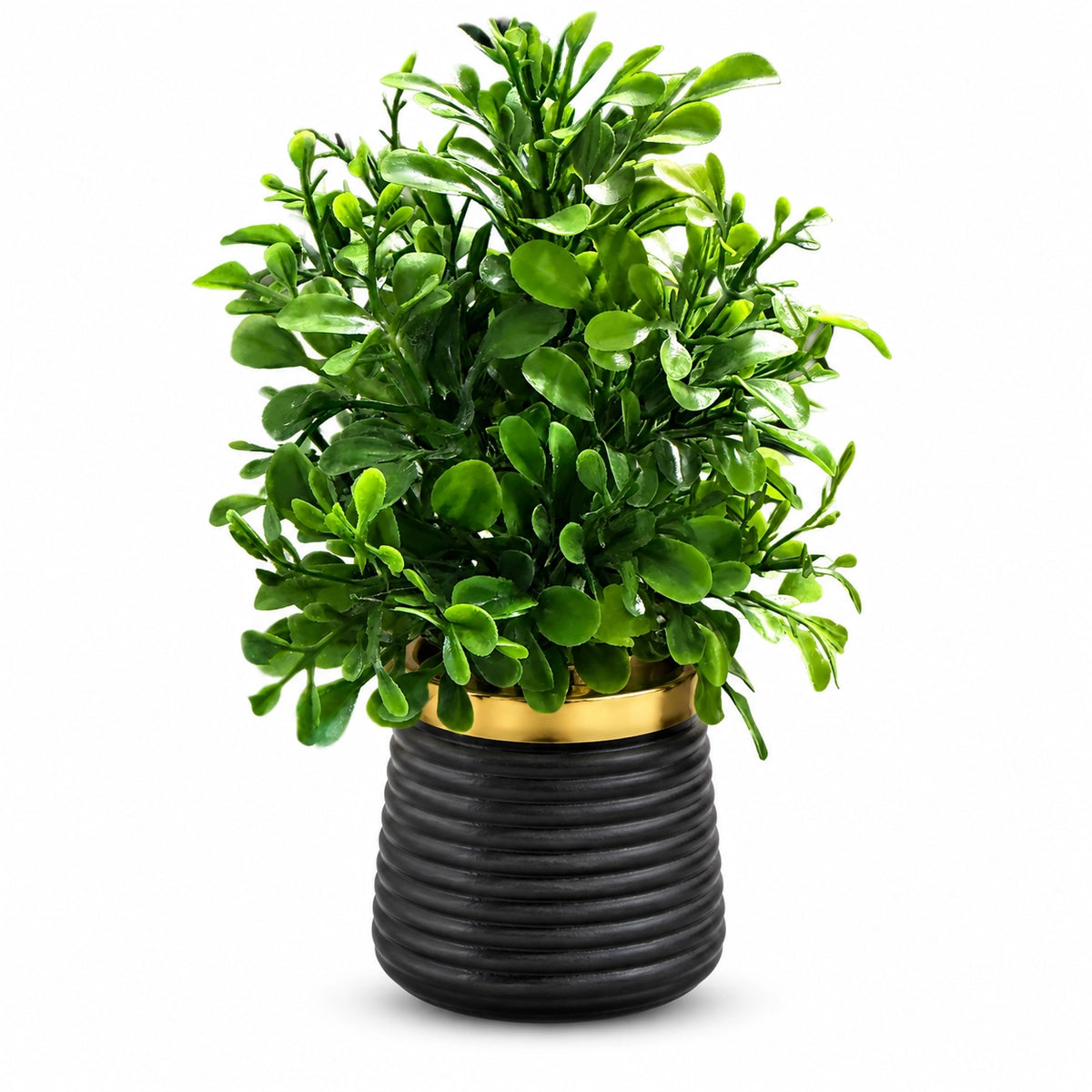 Artificial Round Green Leaf Plant in Dark Ribbed Pot – Pack of 2