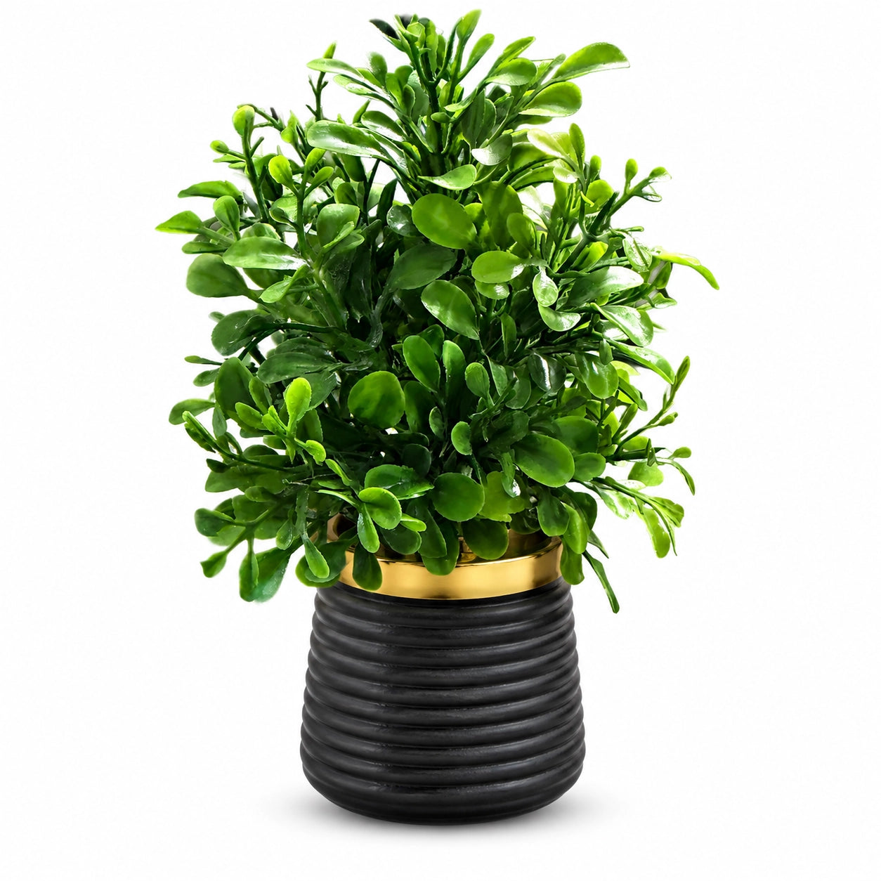 Artificial Round Green Leaf Plant in Dark Ribbed Pot – Pack of 2