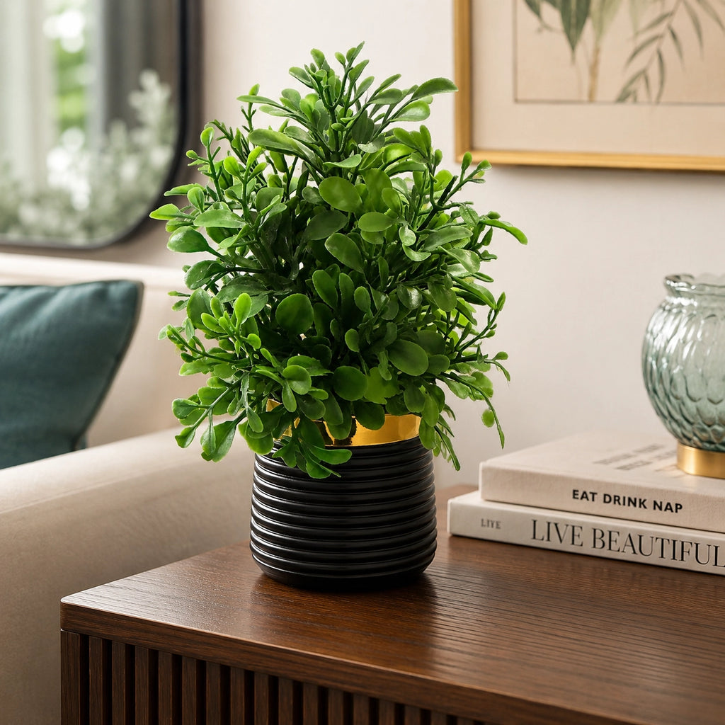 Artificial Round Green Leaf Plant in Dark Ribbed Pot – Pack of 2 lifestyle