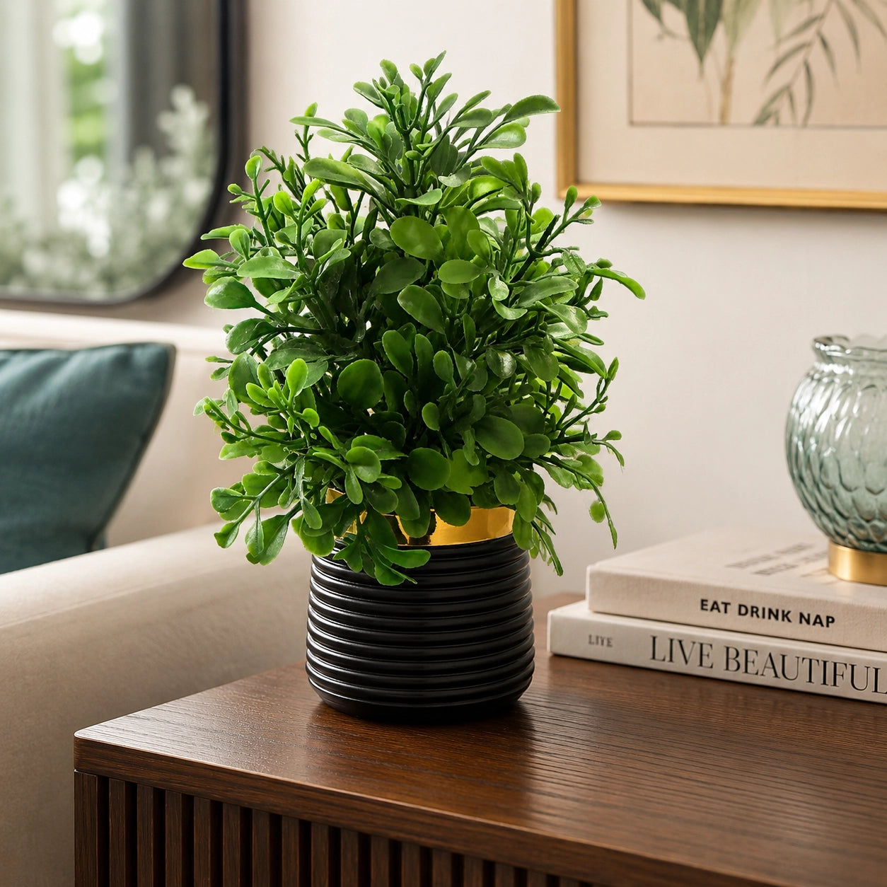 Artificial Round Green Leaf Plant in Dark Ribbed Pot – Pack of 2 lifestyle