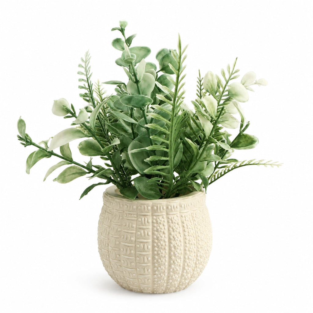 Artificial Sage Green Leaf Plant in White Round Pot – Pack of 2