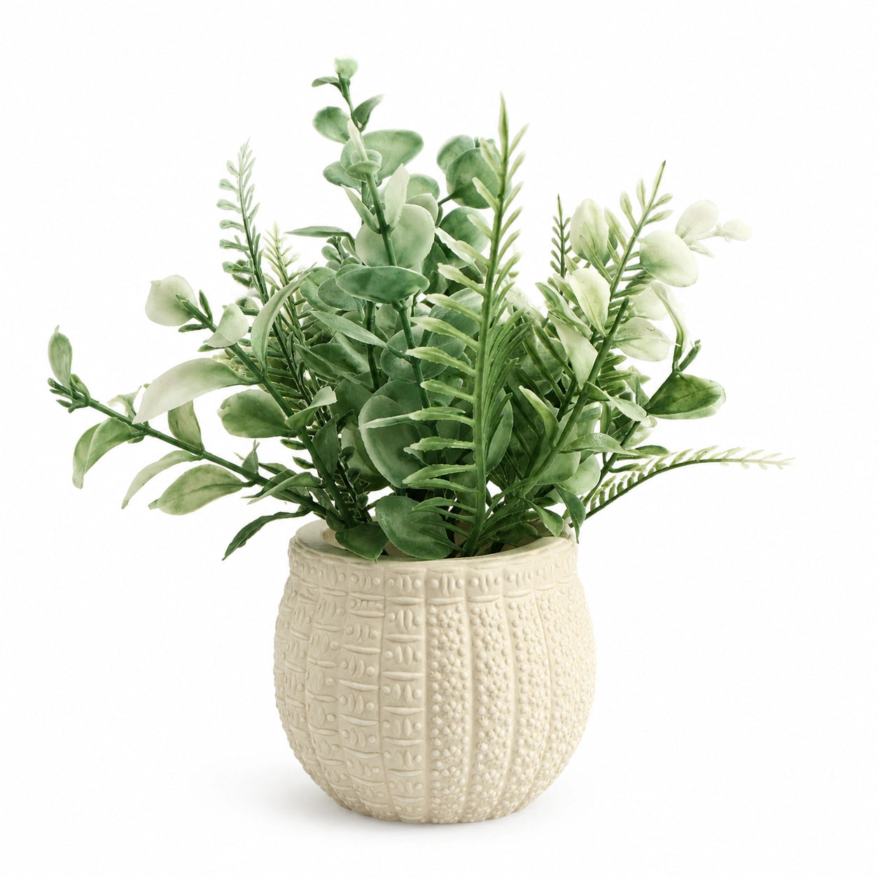 Artificial Sage Green Leaf Plant in White Round Pot – Pack of 2