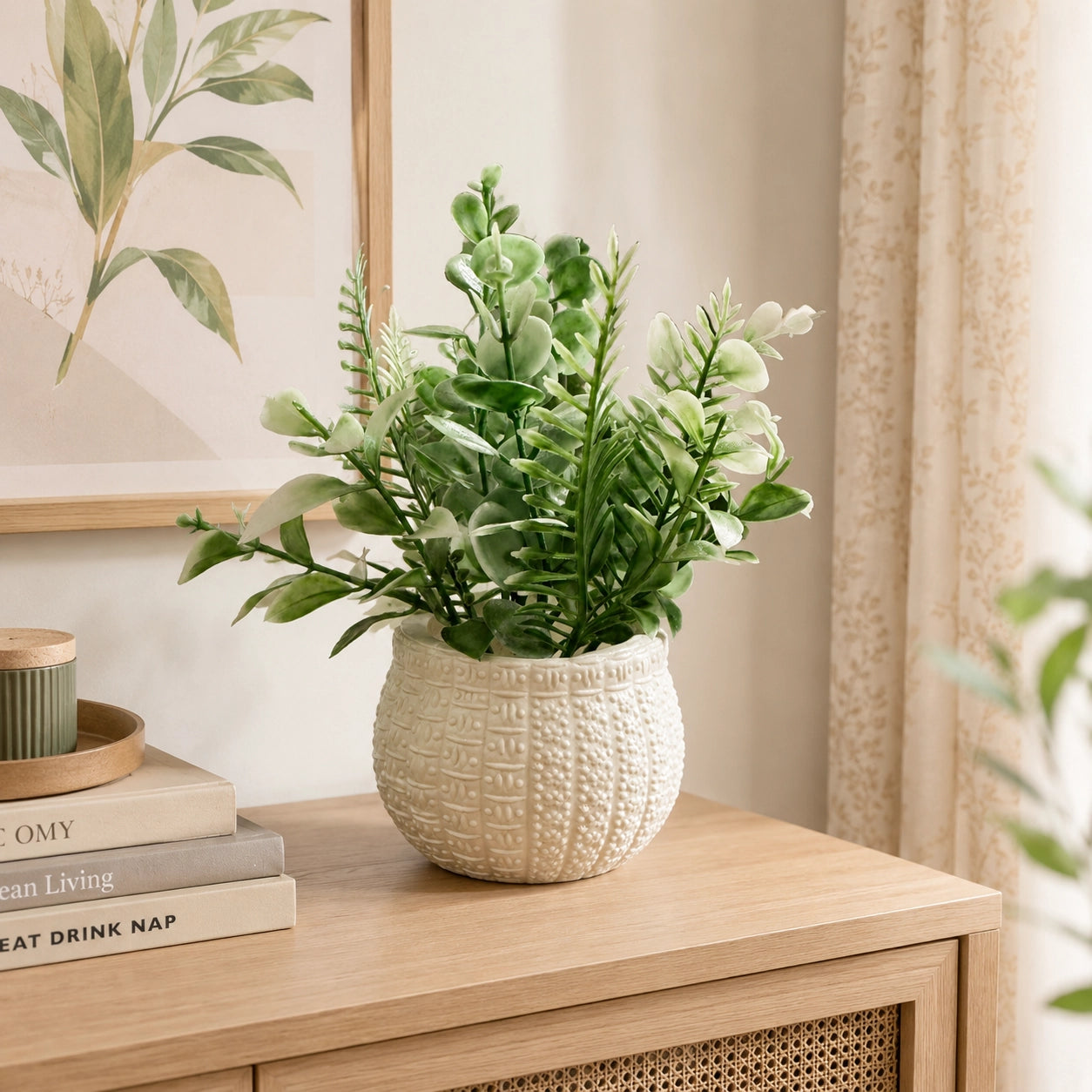 Artificial Sage Green Leaf Plant in White Round Pot – Pack of 2 lifestyle