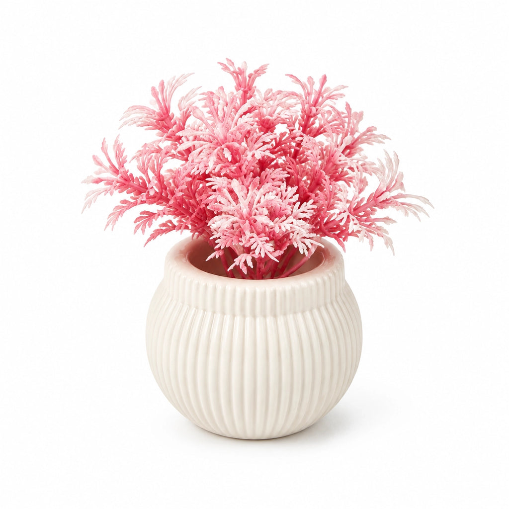 Artificial Small Frosted Pink Fern Plant in White Round Pot – Pack of 2