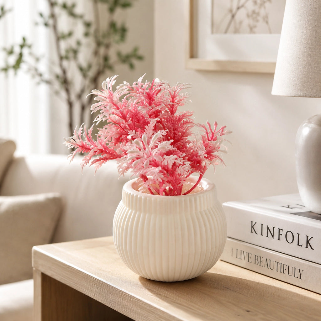 Artificial Small Frosted Pink Fern Plant in White Round Pot – Pack of 2 lifestyle