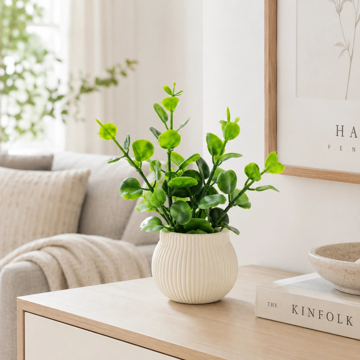 Artificial Small Green Coin Leaf Plant in White Round Pot – Pack of 2 lifestyle