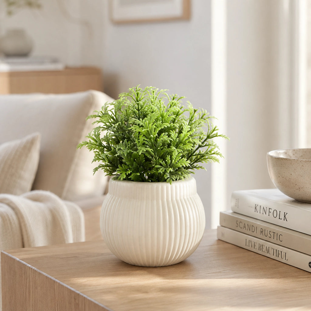 Artificial Small Green Fern Round Ribbed Pot – Pack of 2