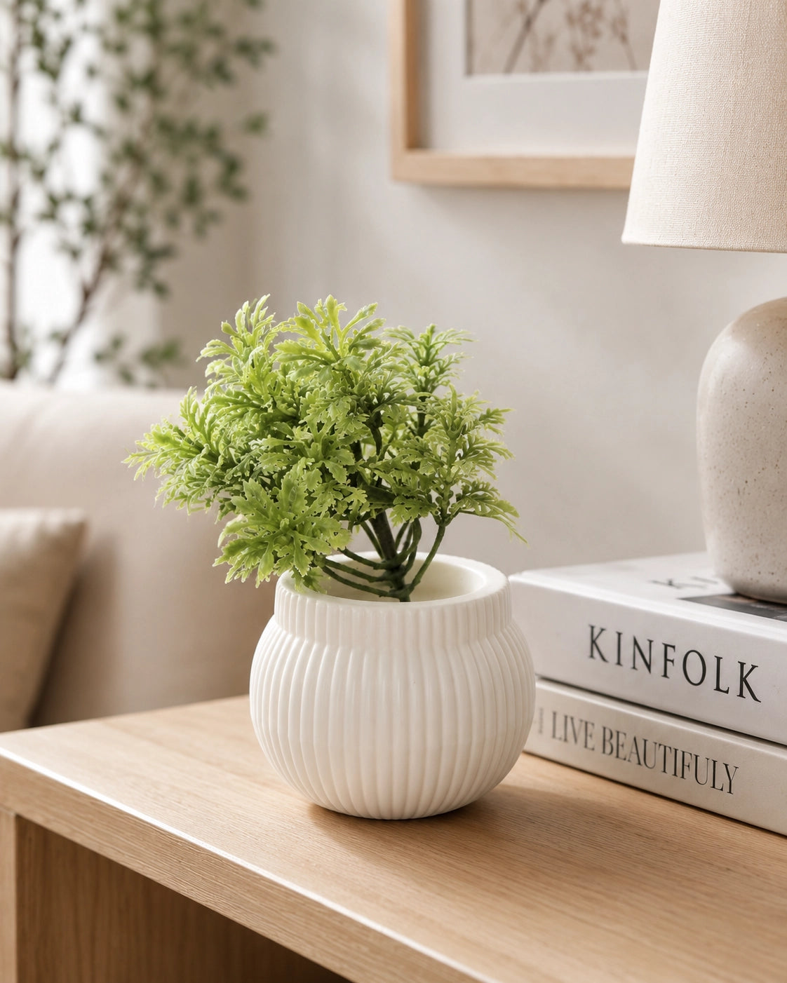 Artificial Small Light Green Fern Plant in White Round Pot – Pack of 2