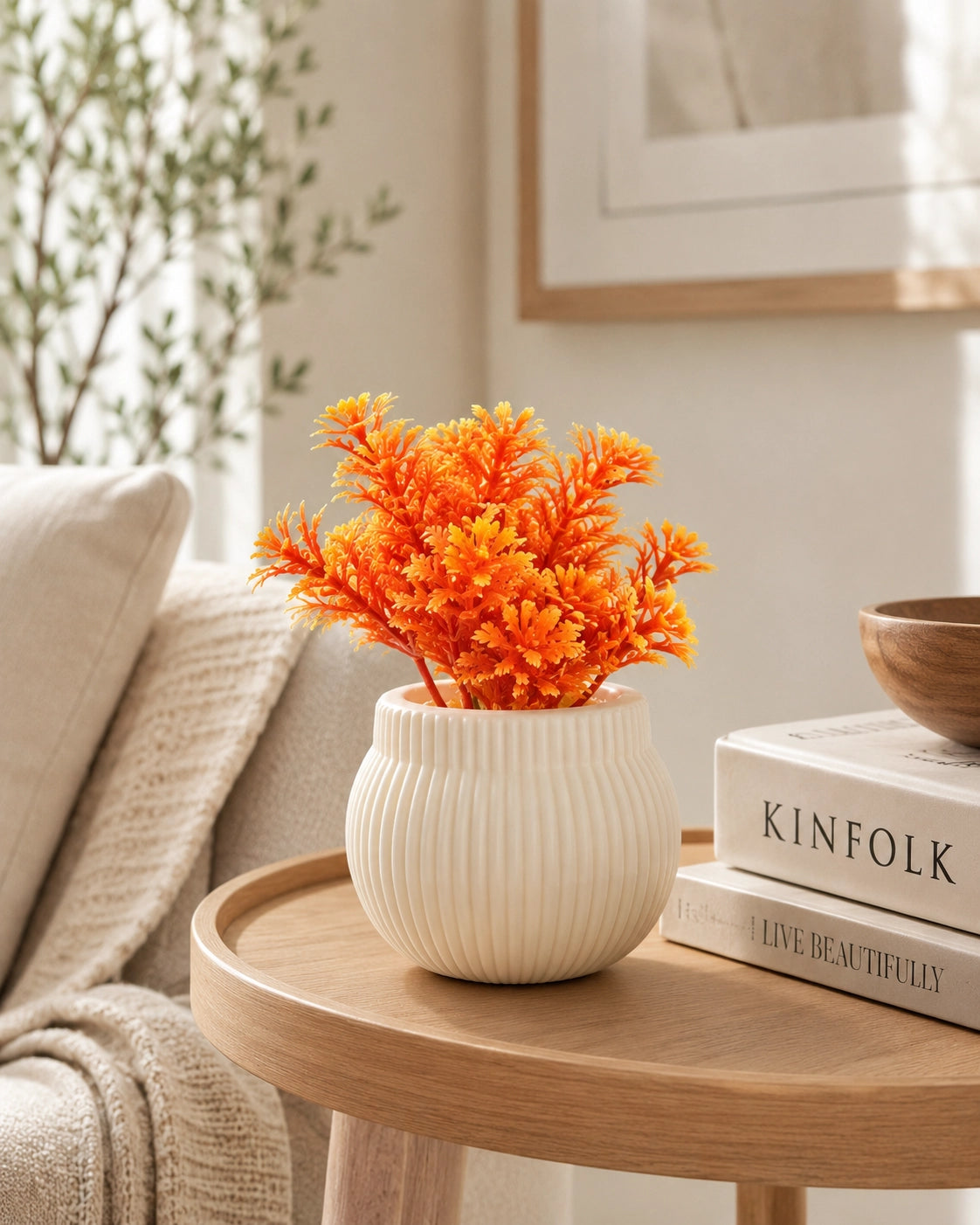 Artificial Small Orange Fern Plant in White Round Pot – Pack of 2 lifestyle