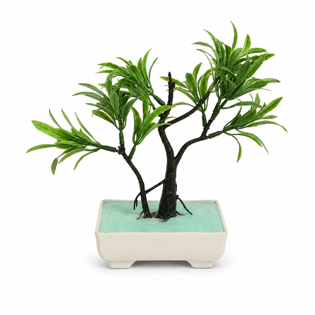 Artificial Spiky Green Bonsai Plant in Cream Rectangle Pot – Pack of 2