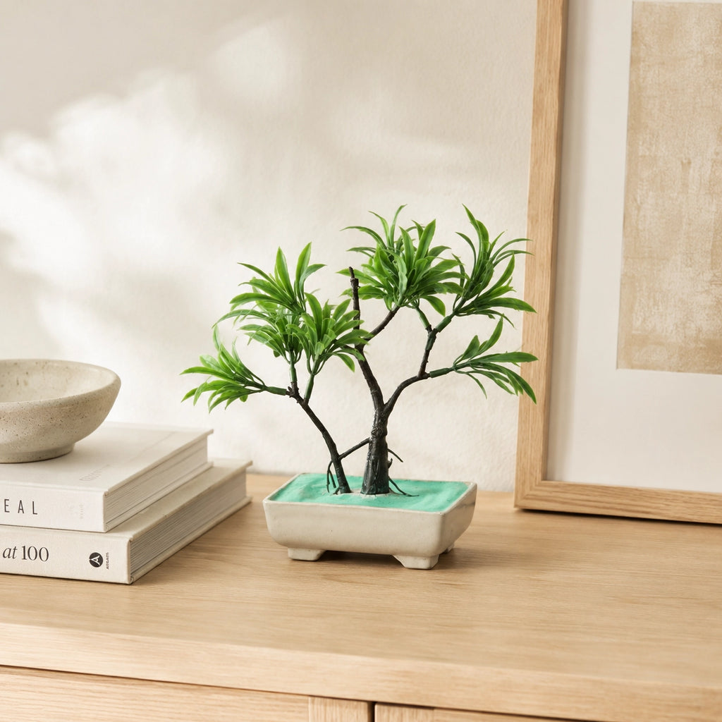Artificial Spiky Green Bonsai Plant in Cream Rectangle Pot – Pack of 2 lifestyle