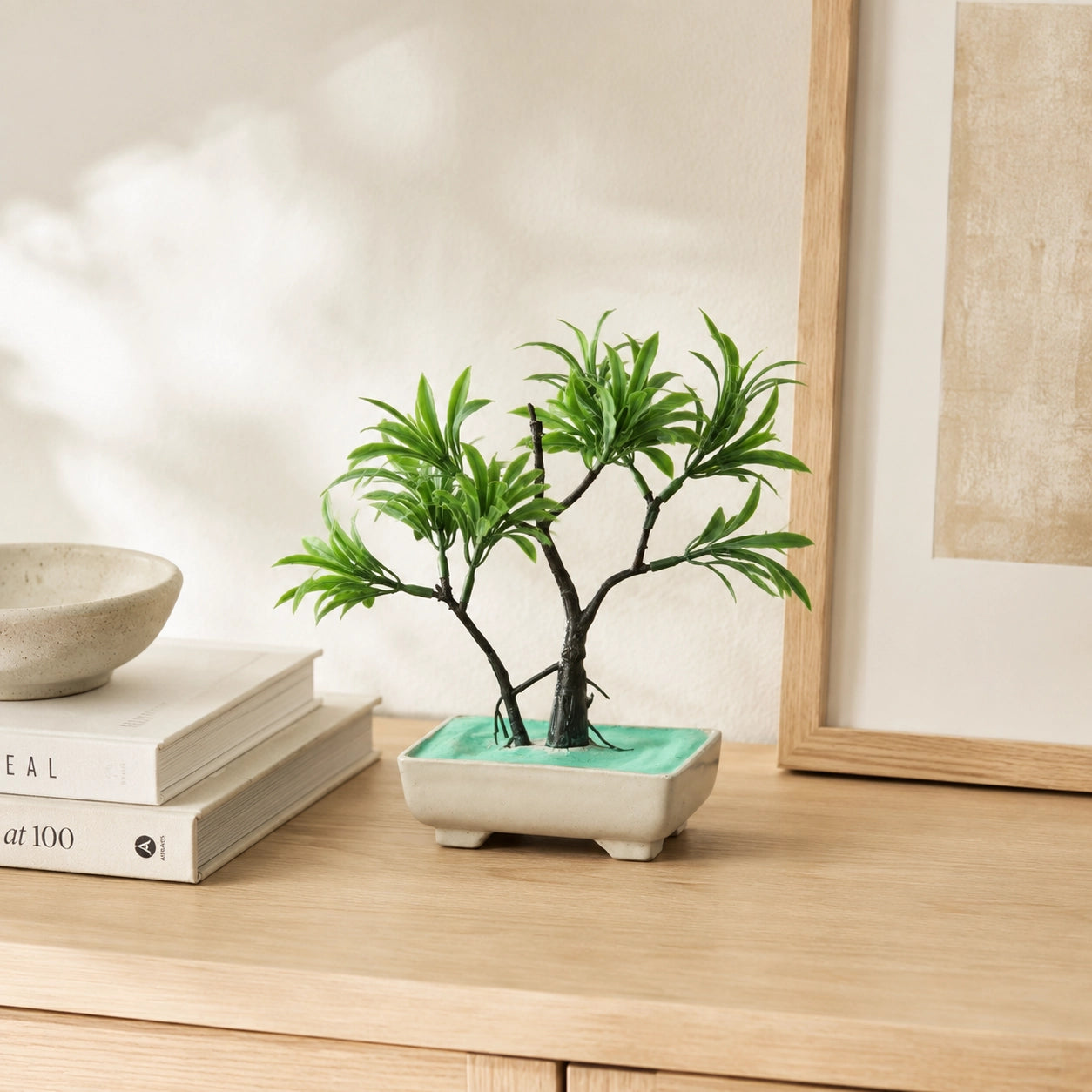 Artificial Spiky Green Bonsai Plant in Cream Rectangle Pot – Pack of 2 lifestyle