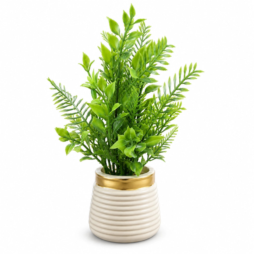 Artificial Tall Green Fern Plant in White Ribbed Pot – Pack of 2