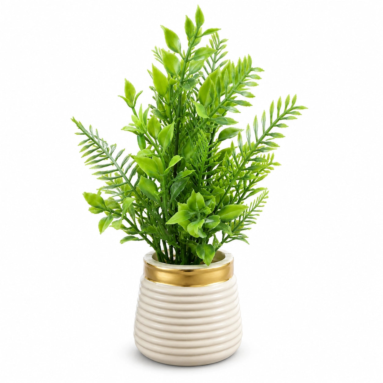 Artificial Tall Green Fern Plant in White Ribbed Pot – Pack of 2