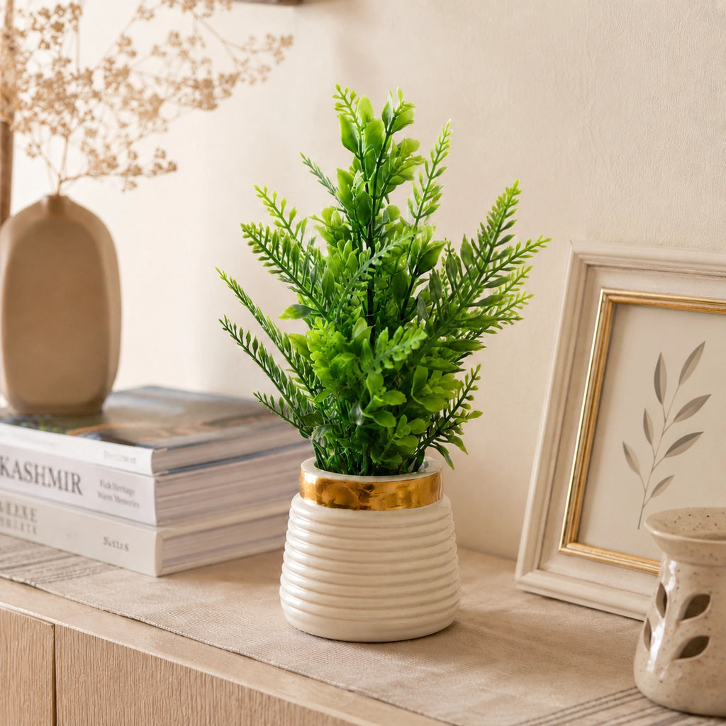 Artificial Tall Green Fern Plant in White Ribbed Pot – Pack of 2 lifestyle