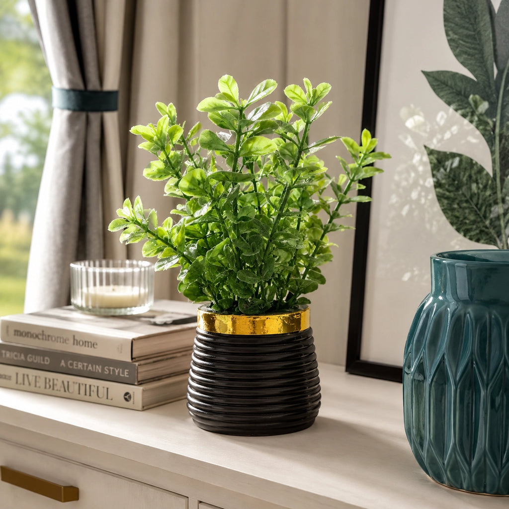 Artificial Tall Green Leaf Plant in Black Ribbed Pot – Pack of 2 lifestyle