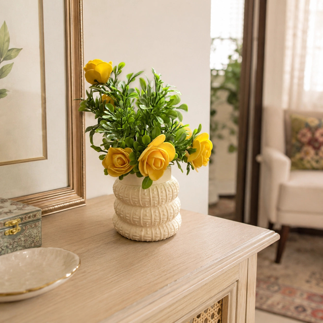 Artificial Yellow Flower Plant in Cream Pot – Pack of 2 lifestyle